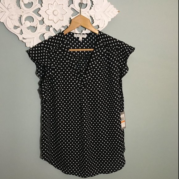 Chaus Tops - Chaus Flutter Sleeve Black with white dots Top